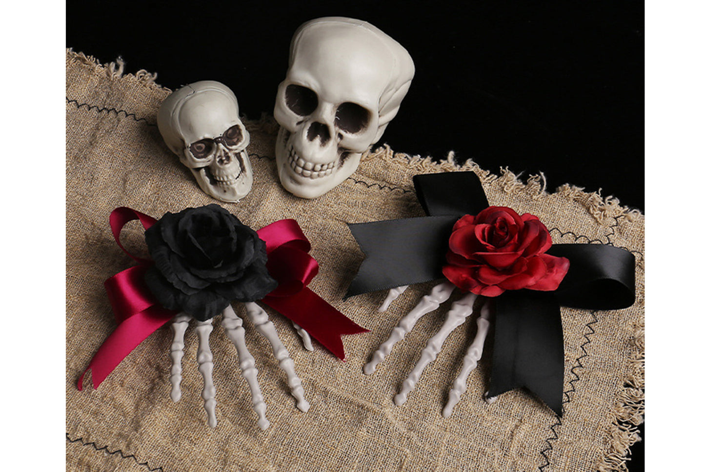 **Halloween Skeleton Hand Hair Clip with Scary Rose Bow Side Clip**