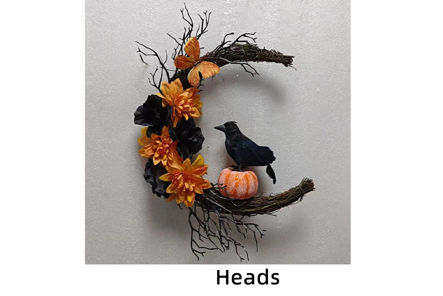 Halloween Orange and Black Crow Moon Wreath Door Hanging