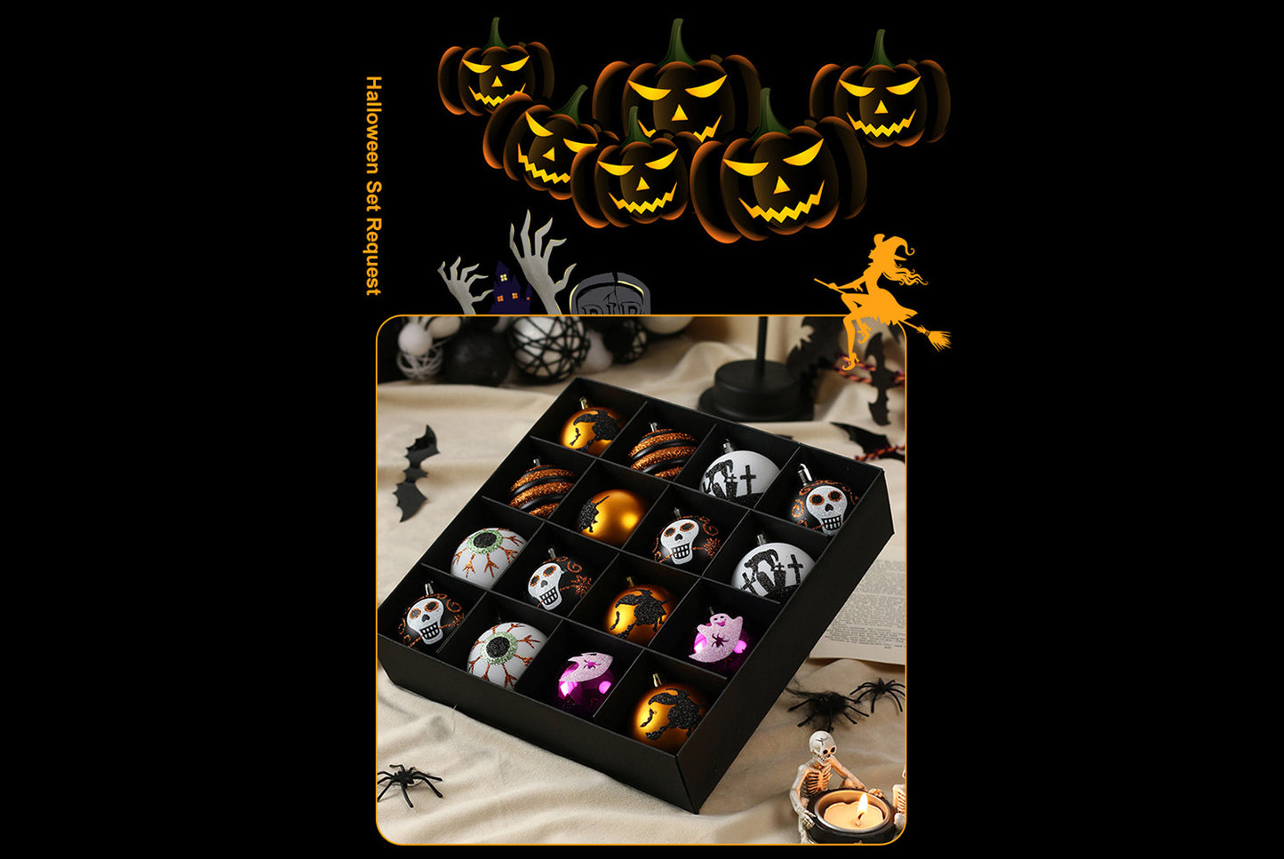 **Halloween 16-Piece Painted Spooky Skull Plastic Ball Hanging Ornaments**
