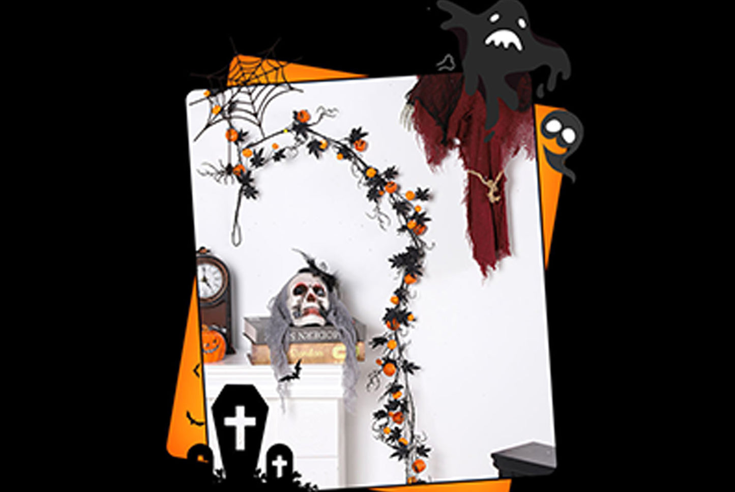 **Halloween 1.8m Black Maple Leaf Scary Pumpkin Vines Home Party Door Hanging**