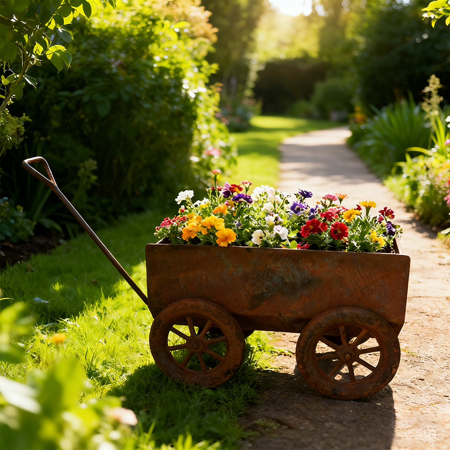 Vintage Distressed Iron Cart Flower Pot