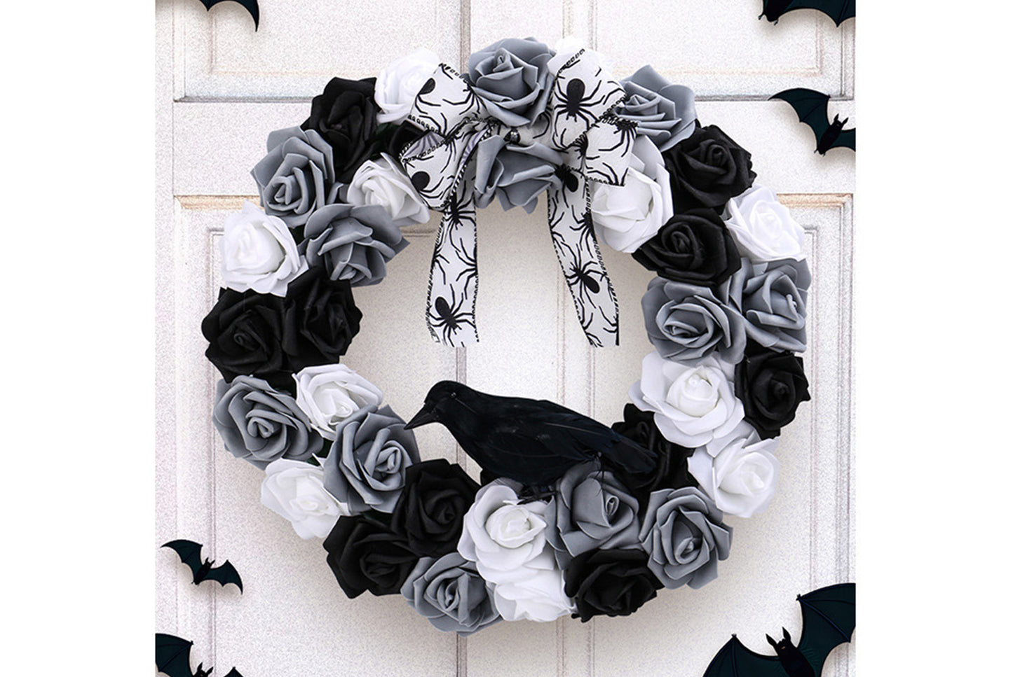 Black and White Rose and Crow Wreath