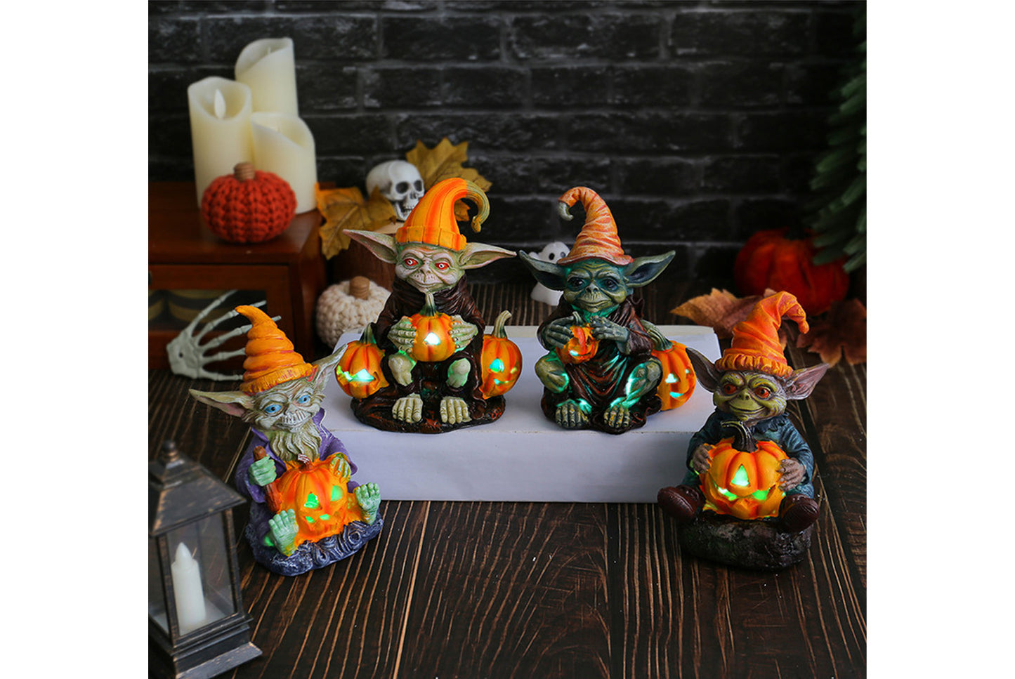 Halloween Pumpkin Lantern Resin Ornament | Glowing Gnome Doll