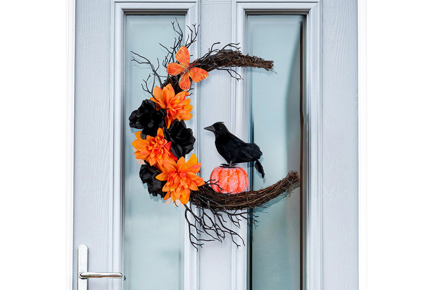 Halloween Orange and Black Crow Moon Wreath Door Hanging