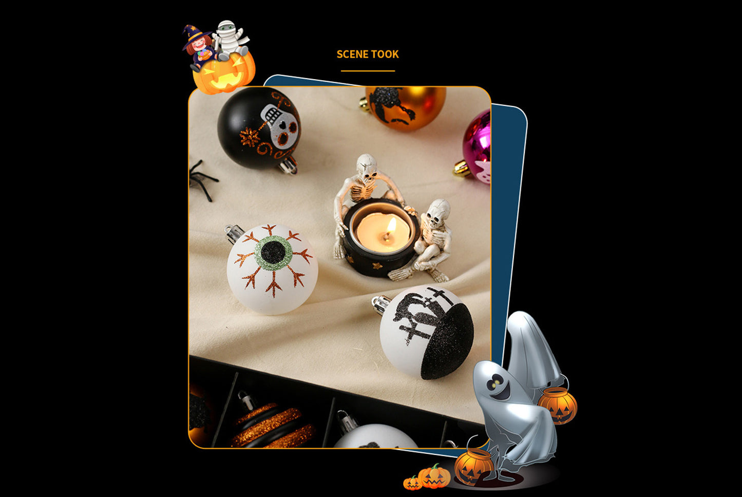 **Halloween 16-Piece Painted Spooky Skull Plastic Ball Hanging Ornaments**