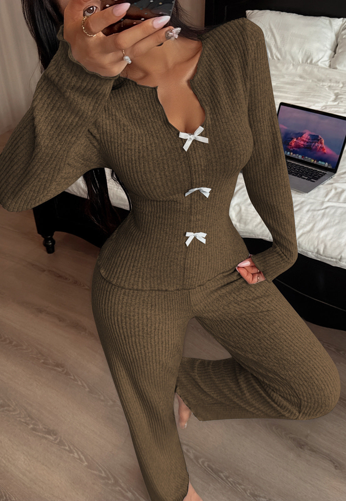 Autumn and winter women's bow knitted cardigan home wear suit