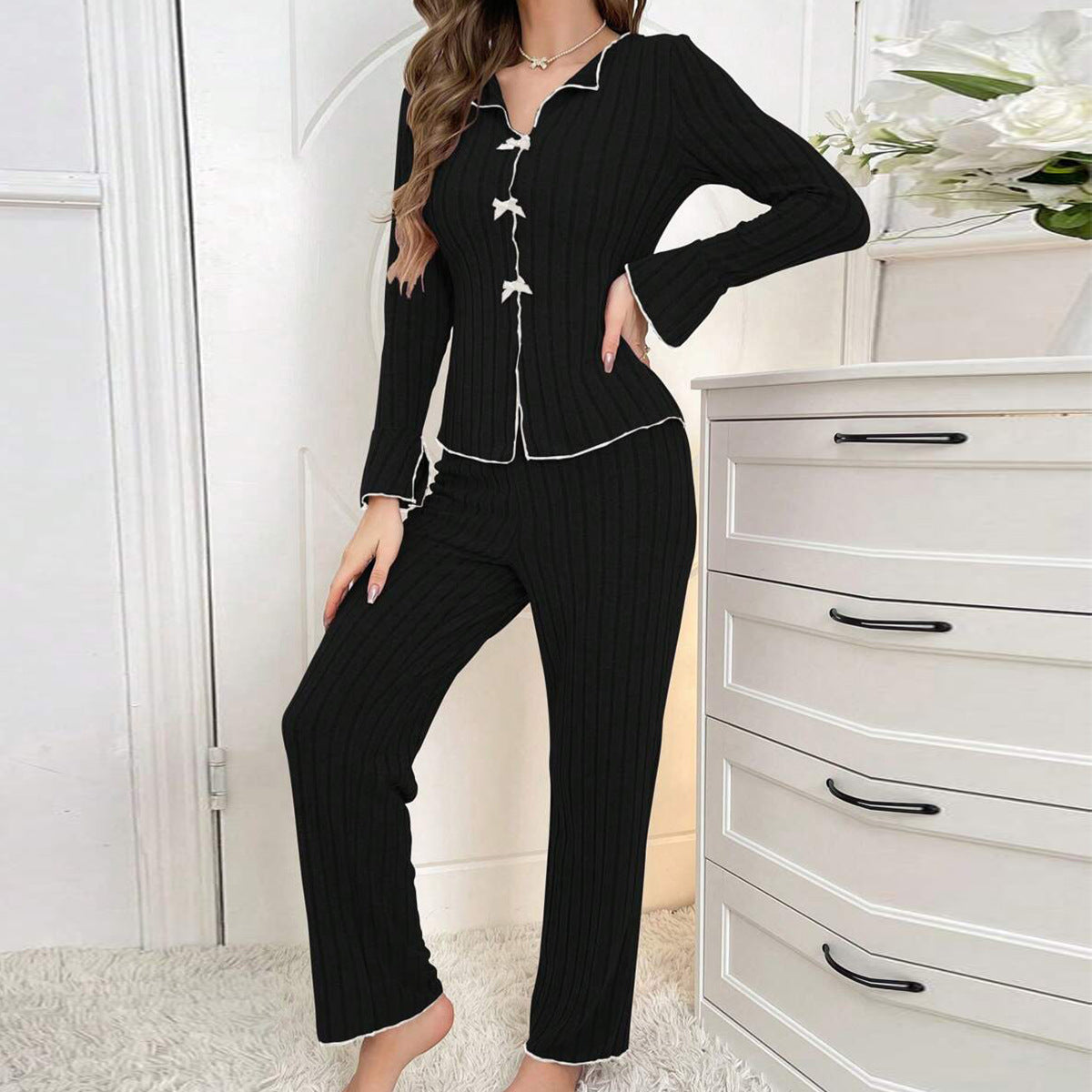 Bowknot Pajamas Ribbed Casual Long Jacket for Women Home Clothes Two-Piece Set