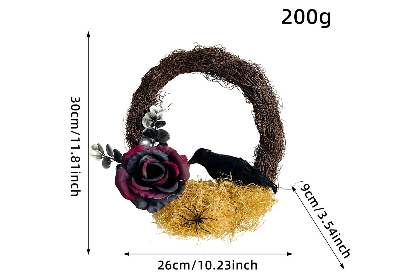 Halloween Dead Rose and Crow Wreath | Horror-Themed Door Decoration
