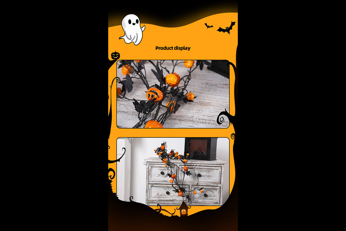 **Halloween 1.8m Black Maple Leaf Scary Pumpkin Vines Home Party Door Hanging**