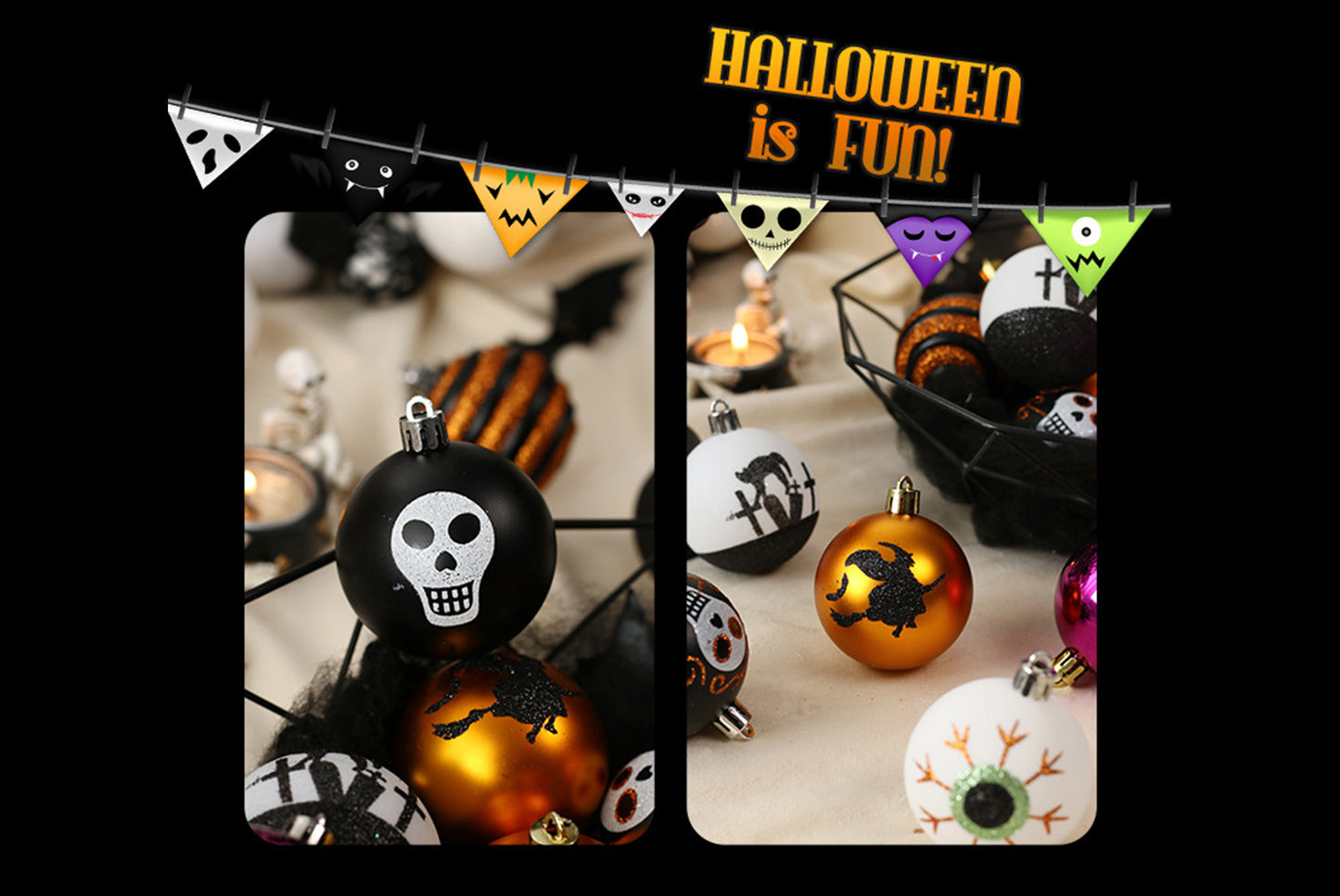 **Halloween 16-Piece Painted Spooky Skull Plastic Ball Hanging Ornaments**