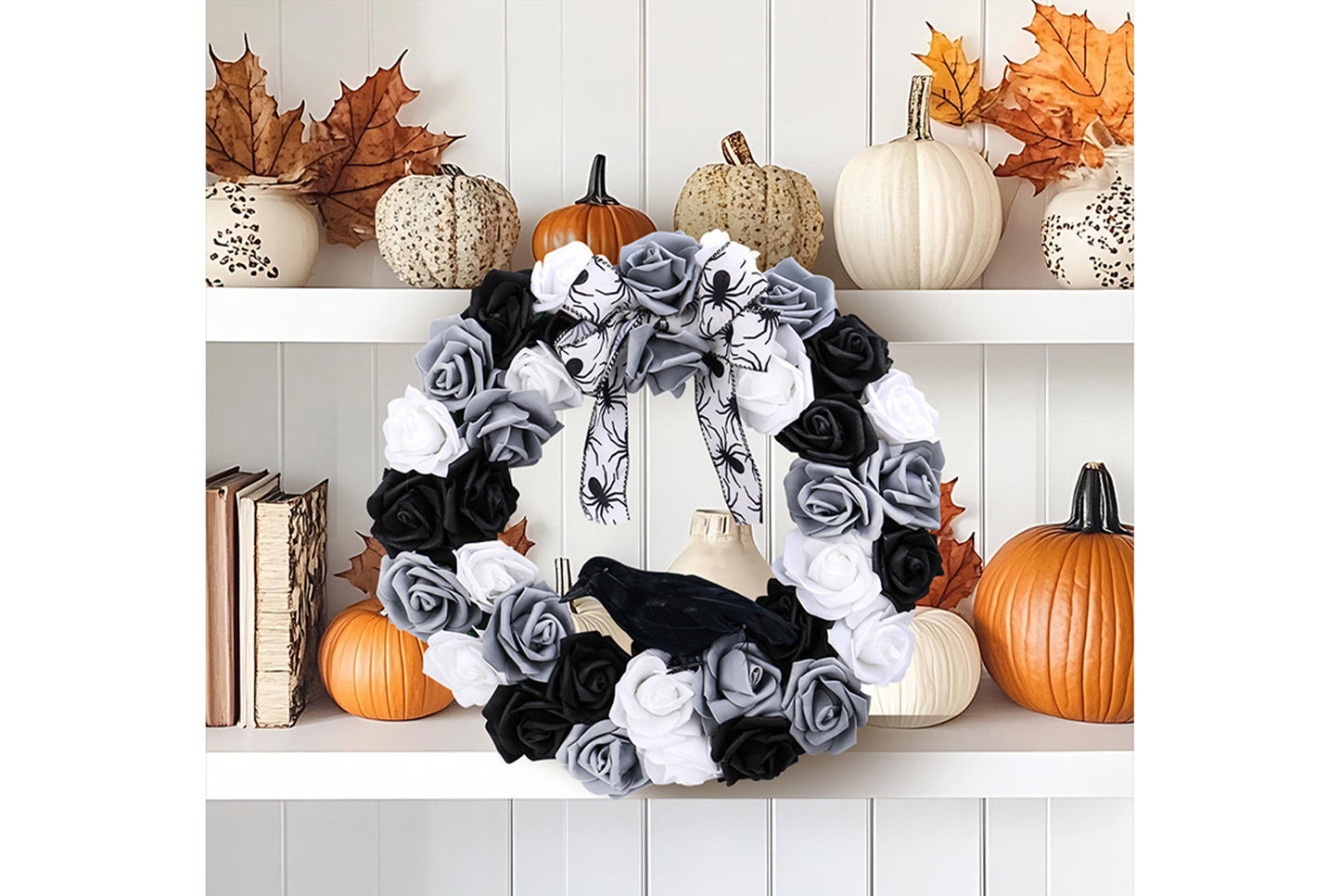 Black and White Rose and Crow Wreath