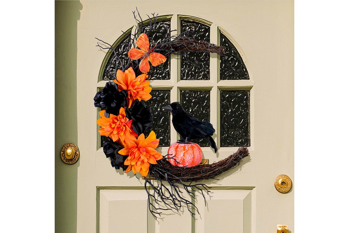 Halloween Orange and Black Crow Moon Wreath Door Hanging