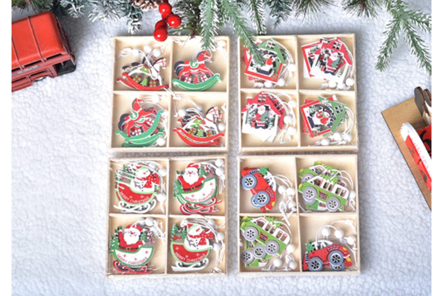 **Wooden Box Christmas Ornament Set - Holiday Decorations**