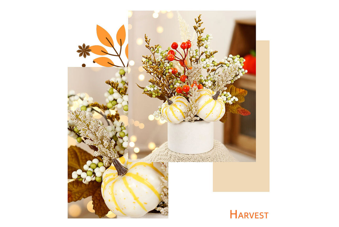 Simulated Autumn Maple Leaf, Pumpkin, and Rice Potted Plant