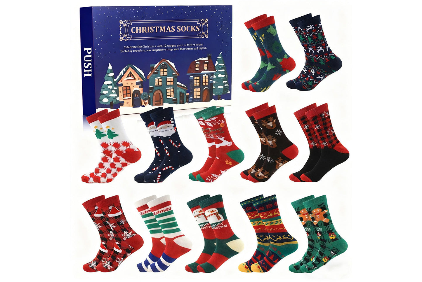 **Christmas Countdown Socks Blind Box | 12-Pair Mid-Cut Socks Gift Box**
