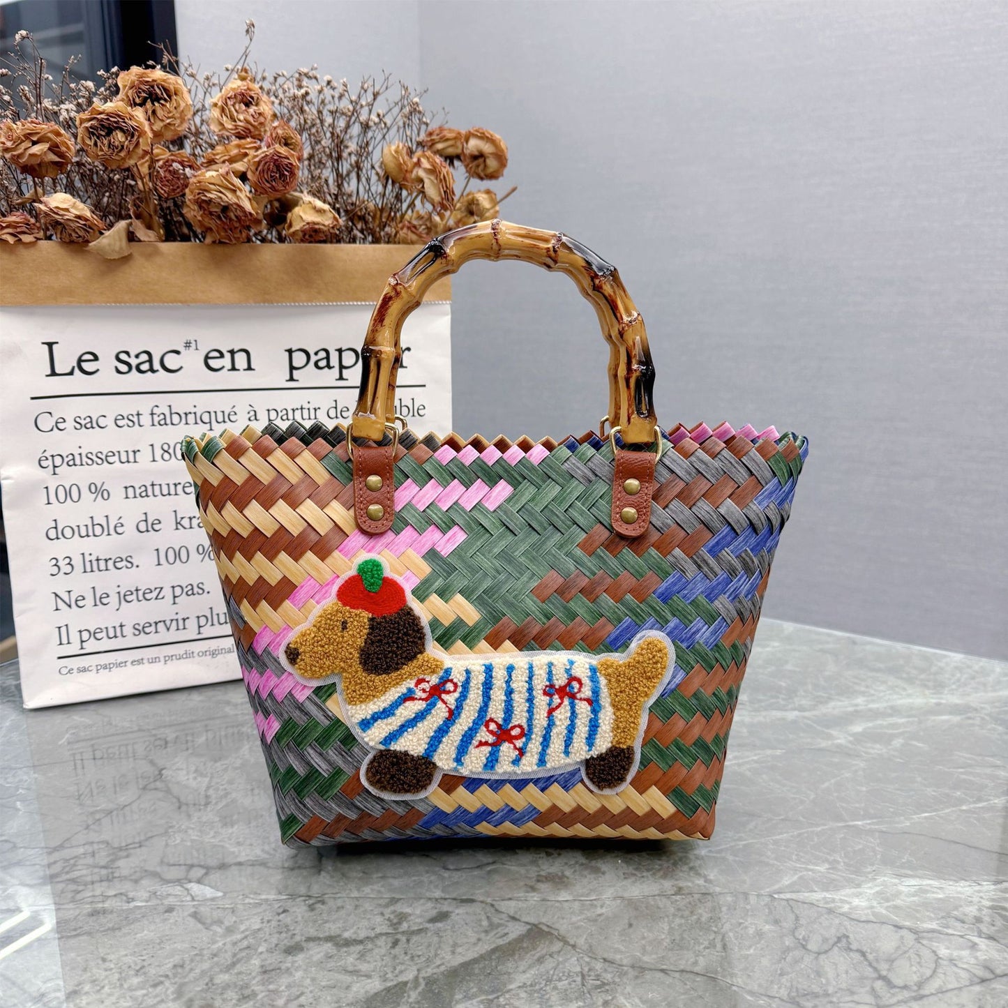Woven Striped Vintage Dachshund Tote Bag