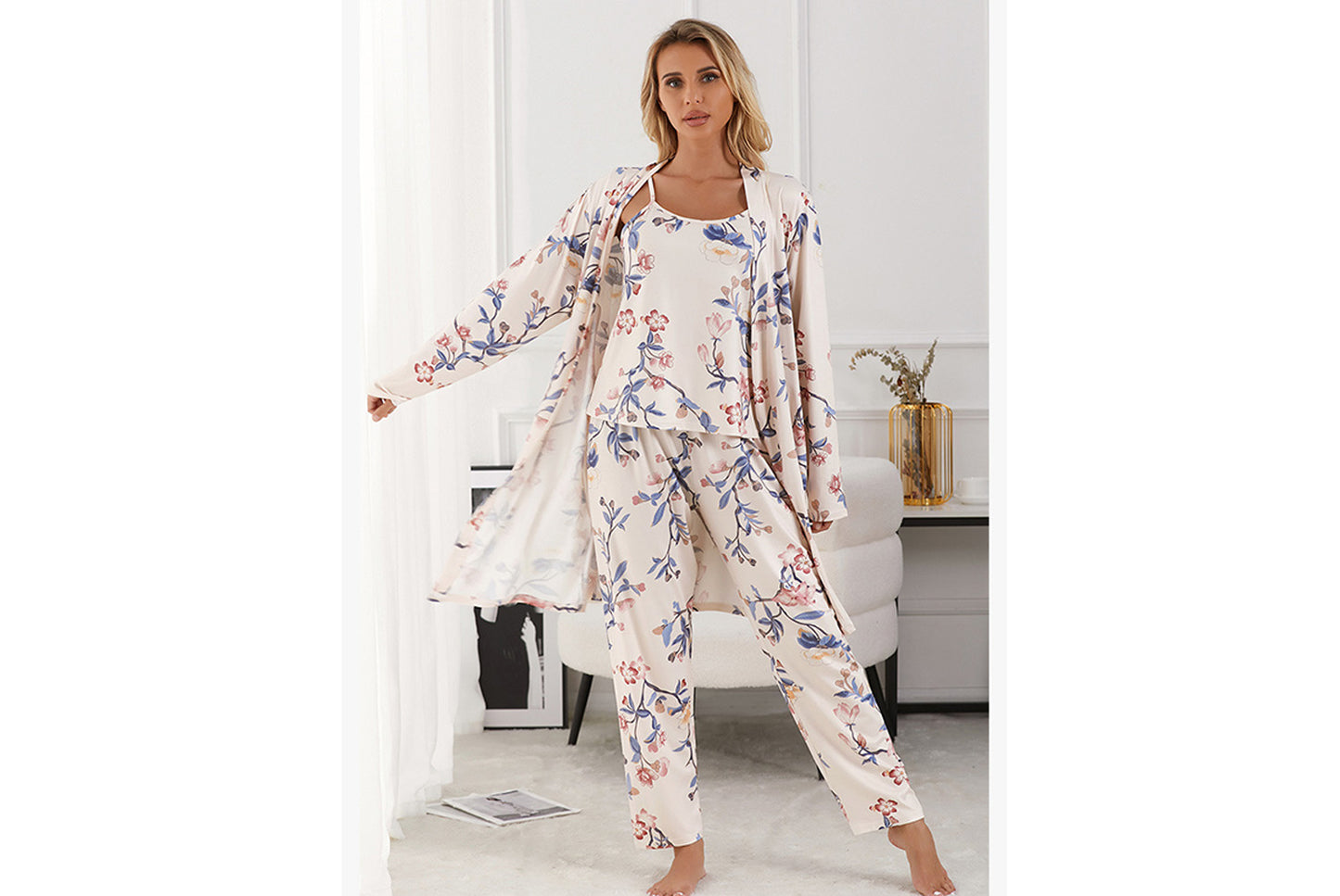 **Three-piece loungewear set with robe, suspenders, and pants**