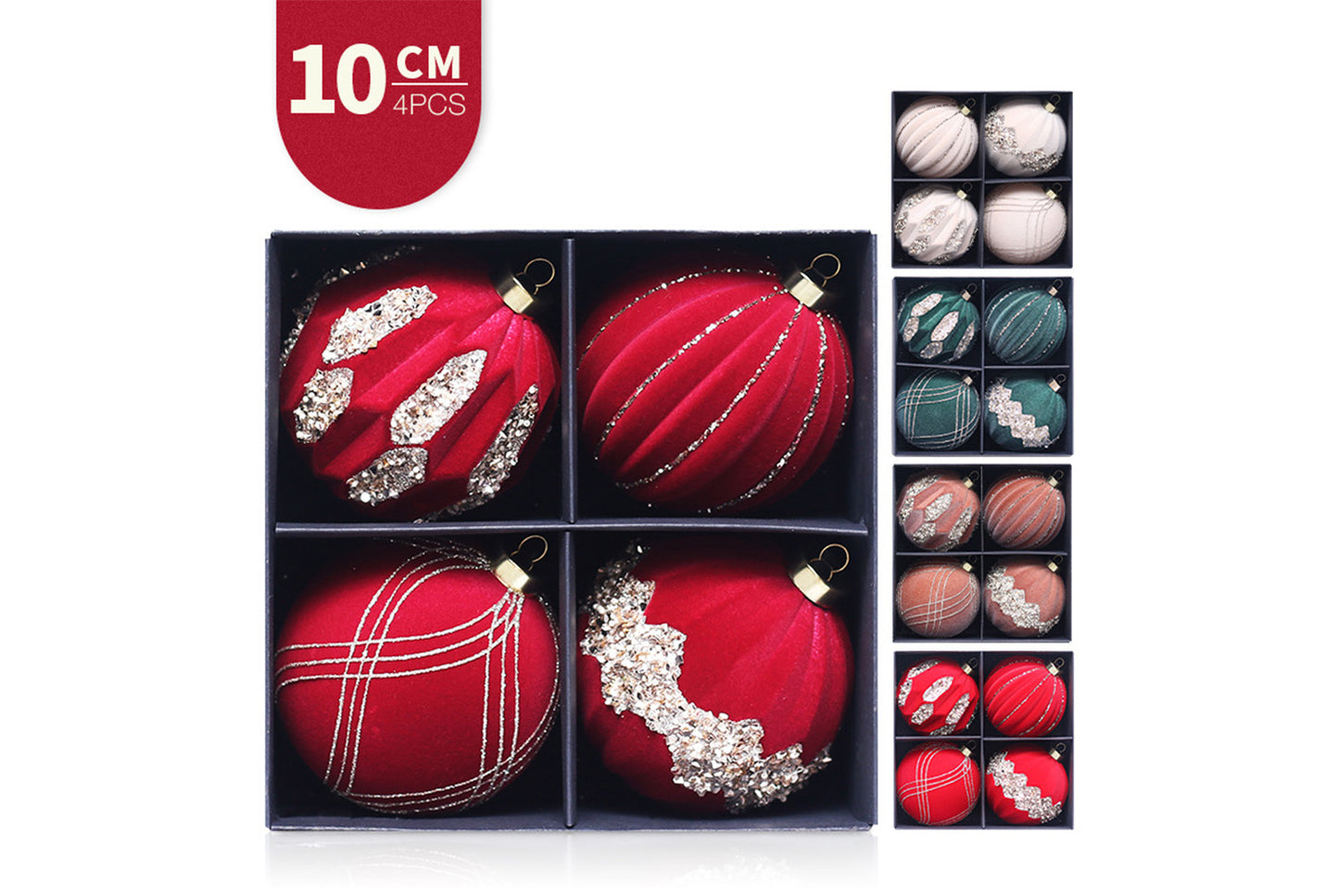 10cm Colored Diamond Flocked Christmas Ball Pendant Set (4-Pack)