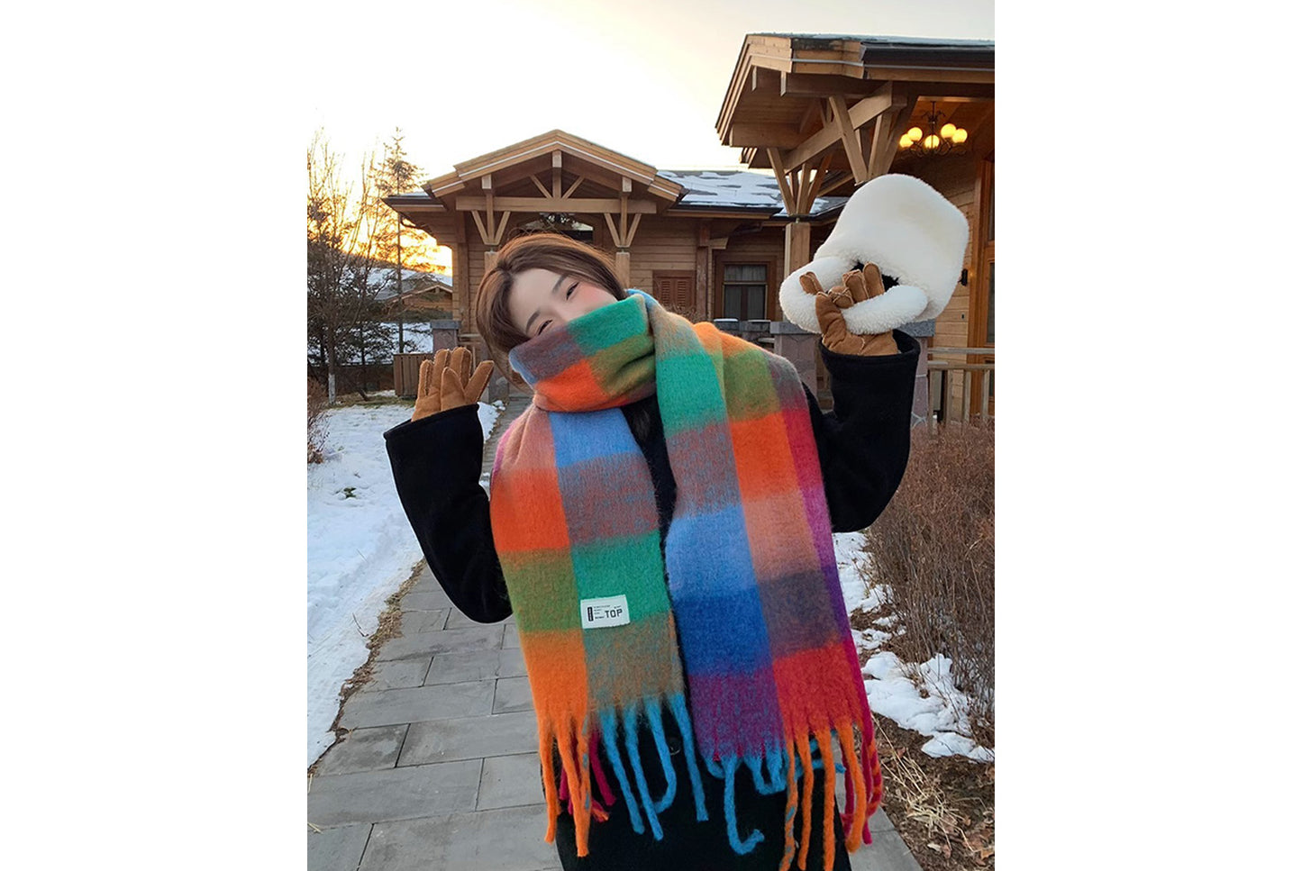 **Rainbow Color-Blocked Checkered Thick Scarf**