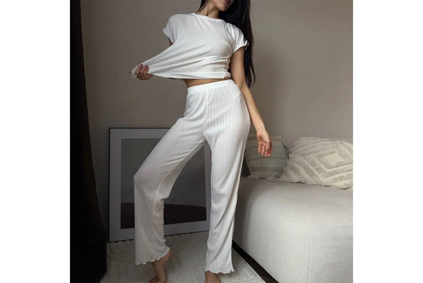 **Women's Jacquard Short-Sleeved Long Pants Pajama Set**