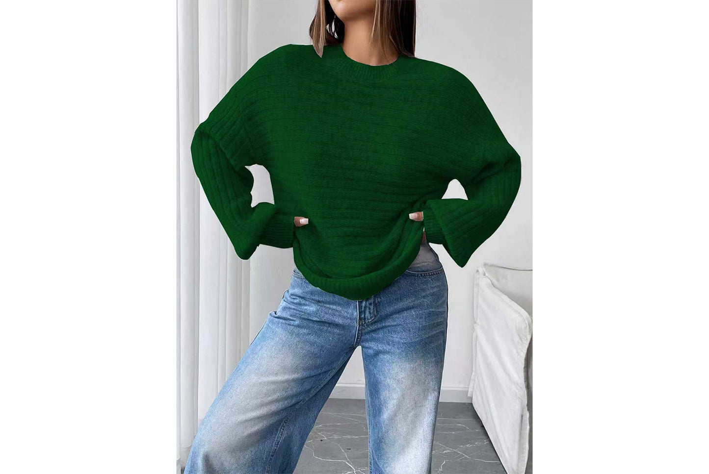 Loose-fitting Ribbed Knit Sweater