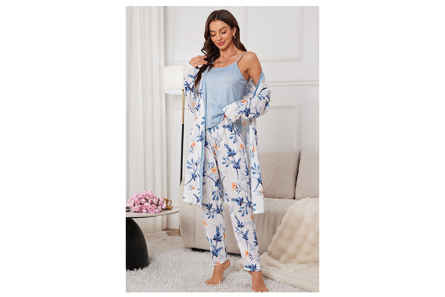 **Three-Piece Nightgown, Pants, and Suspender Nightdress Set**