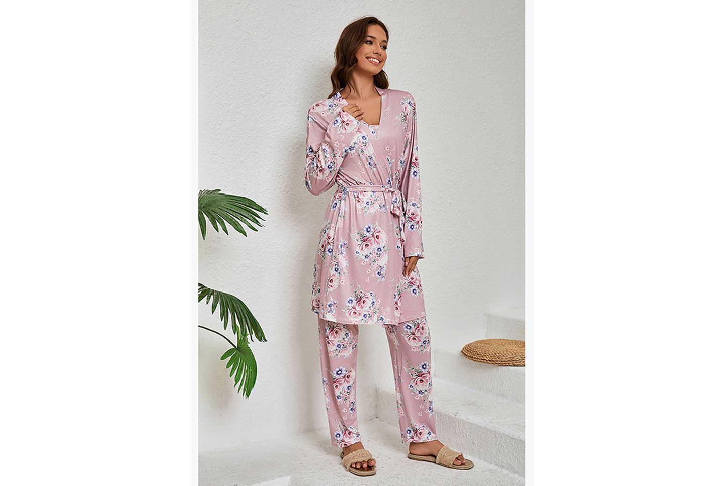 **Three-piece loungewear set with robe, suspenders, and pants**