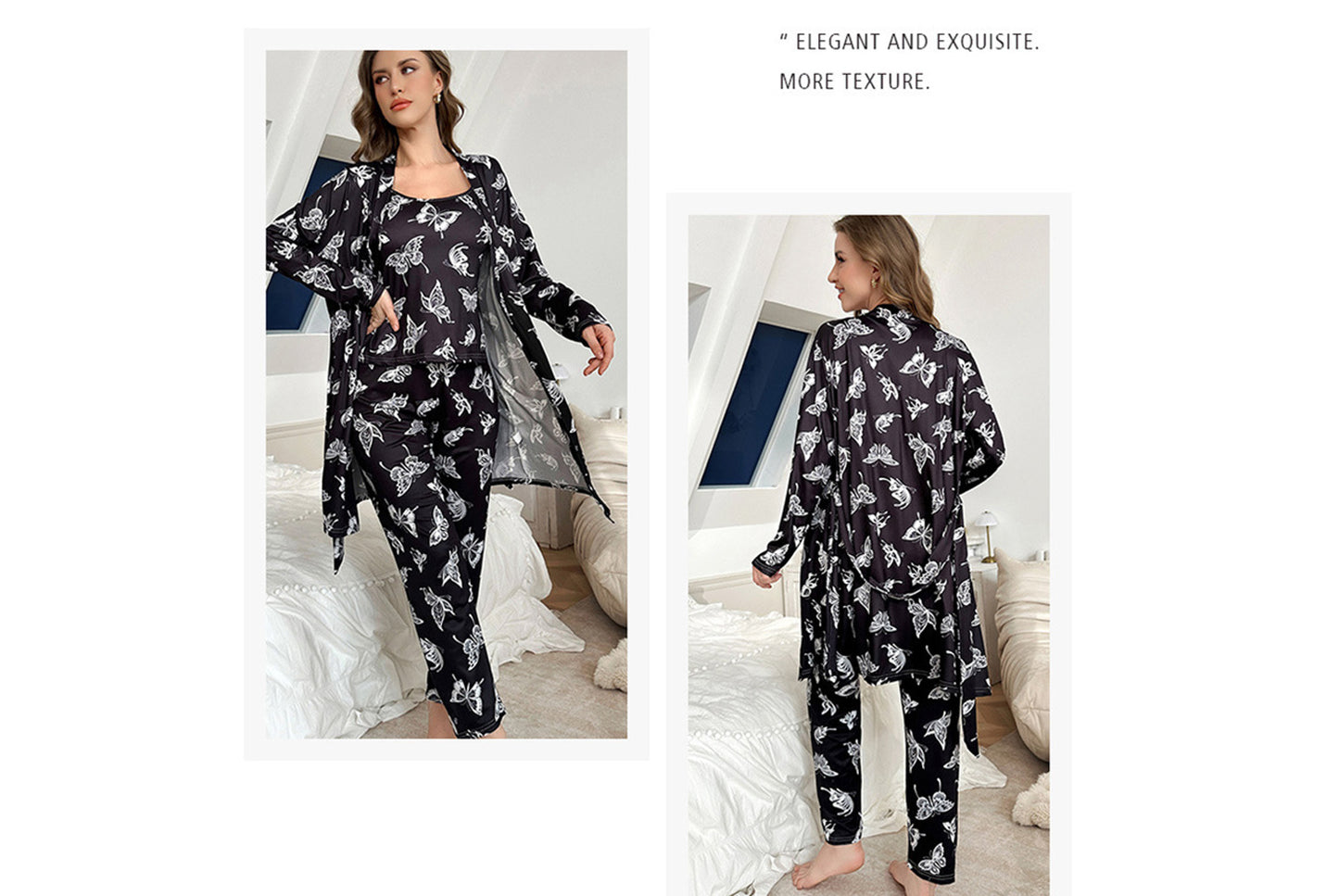 **Three-piece loungewear set with robe, suspenders, and pants**