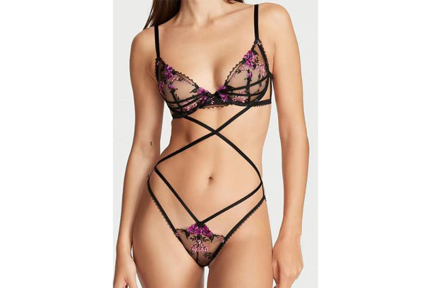 **Floral Embroidered Bandage Lingerie Set**