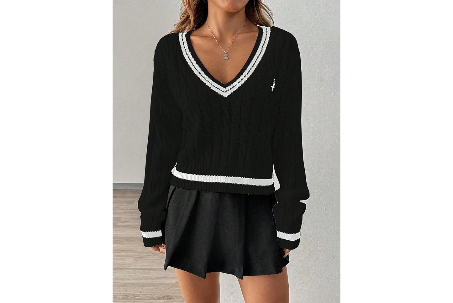 V-Neck Color-Blocked Cable Knit Sweater