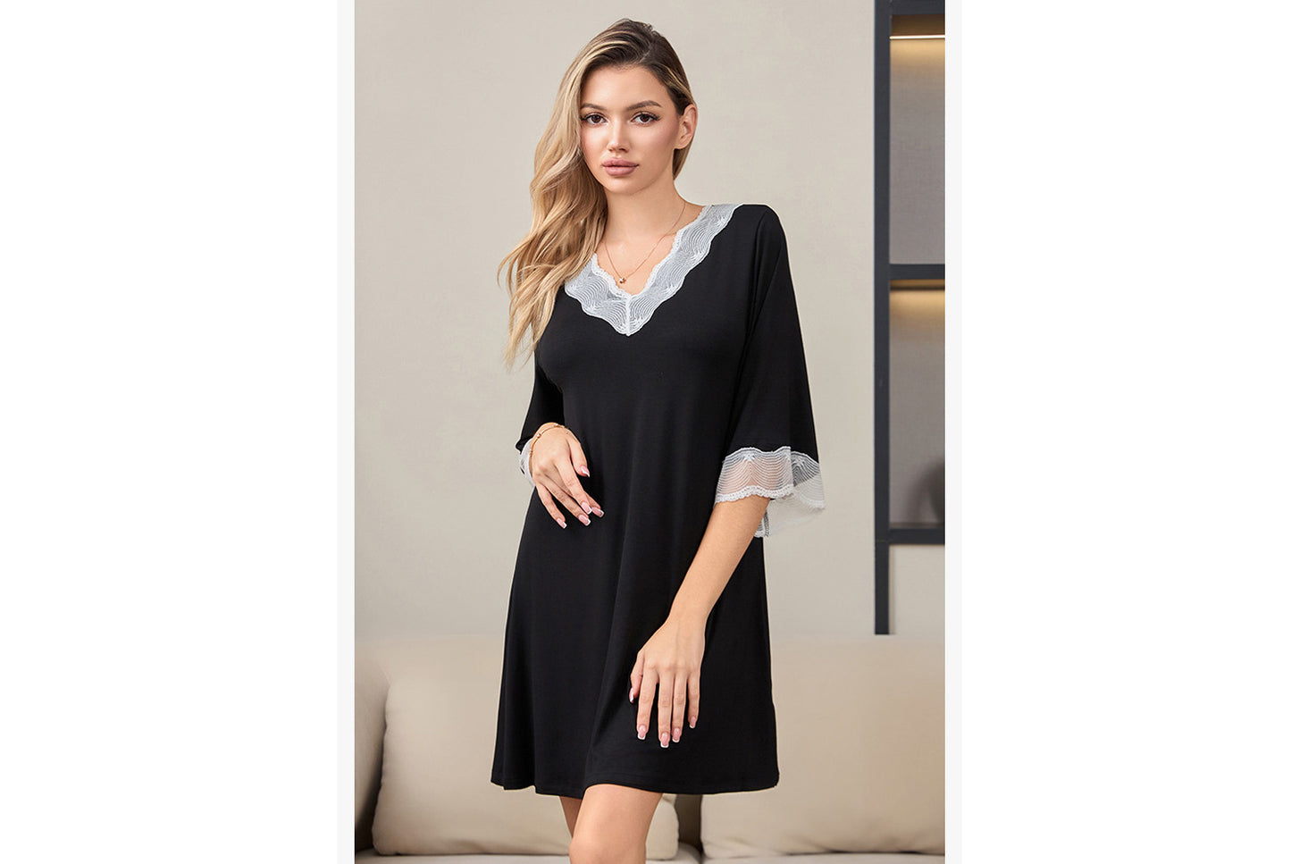 **Lace-Panel Sexy V-Neck Pure Modal Cotton Loungewear**