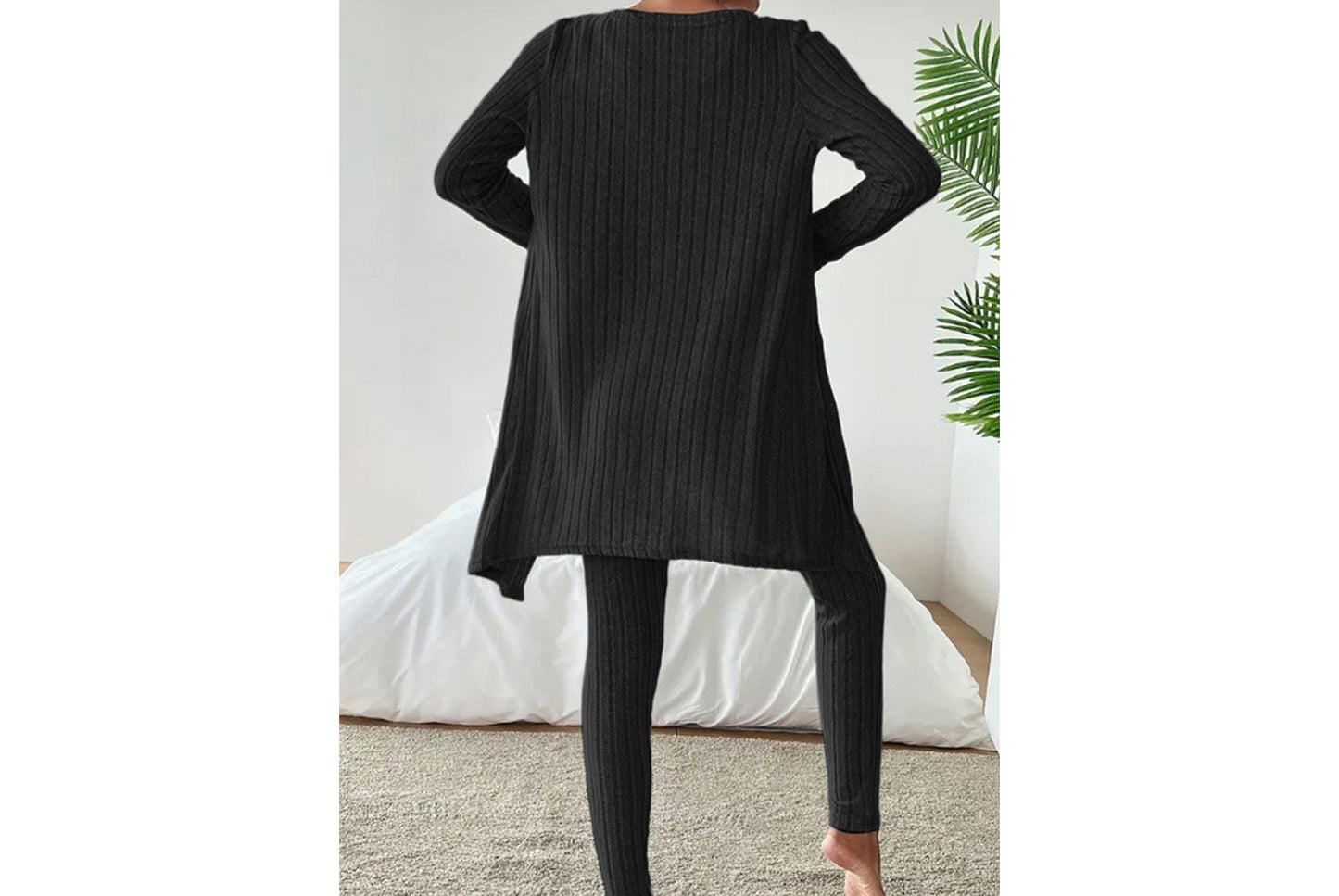 **Designed Round Neck Ribbed Casual Solid Color Women's Three-Piece Set**