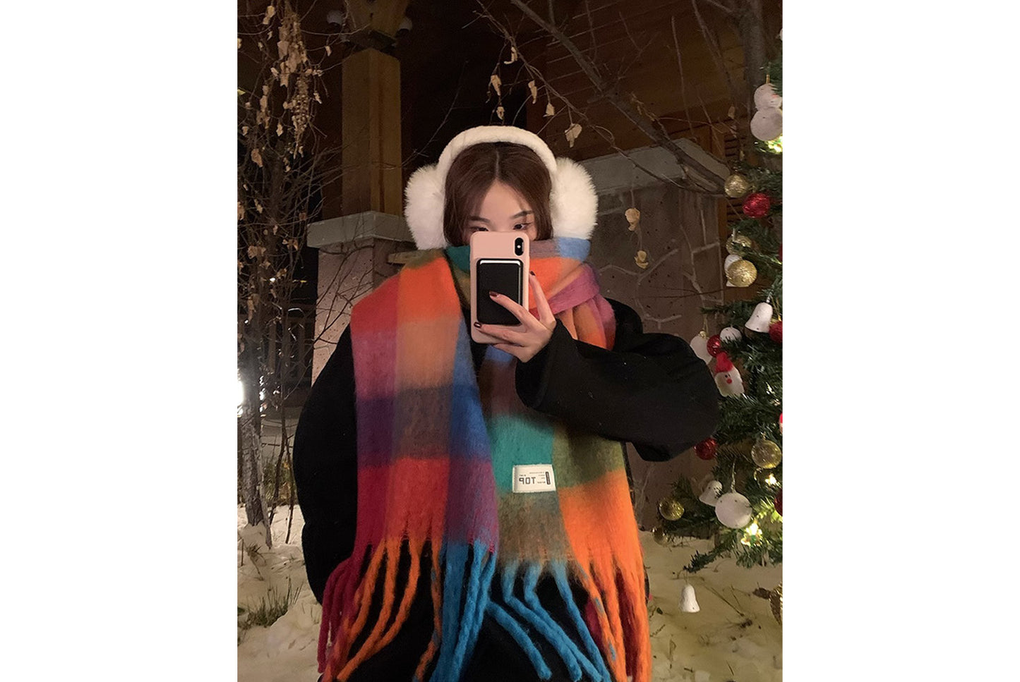 **Rainbow Color-Blocked Checkered Thick Scarf**