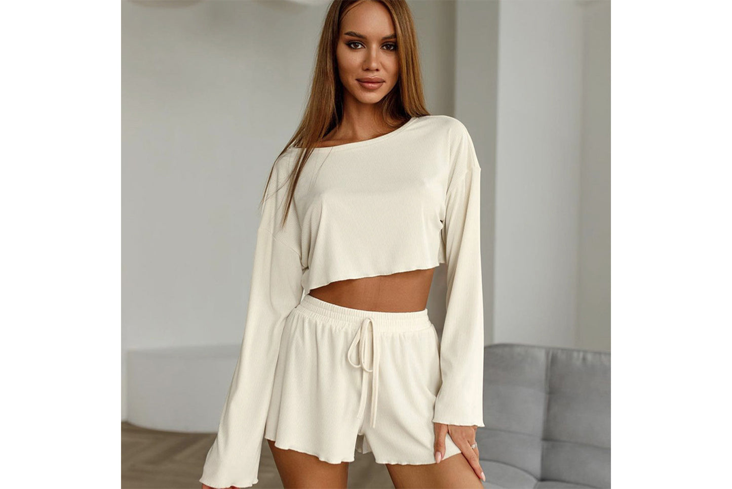 Girl-Style Knitted Midriff-Baring Pajama Set