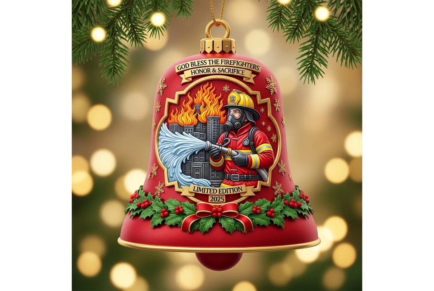 **Firefighter Christmas Bell Ornament | Metal Holiday Ornament**