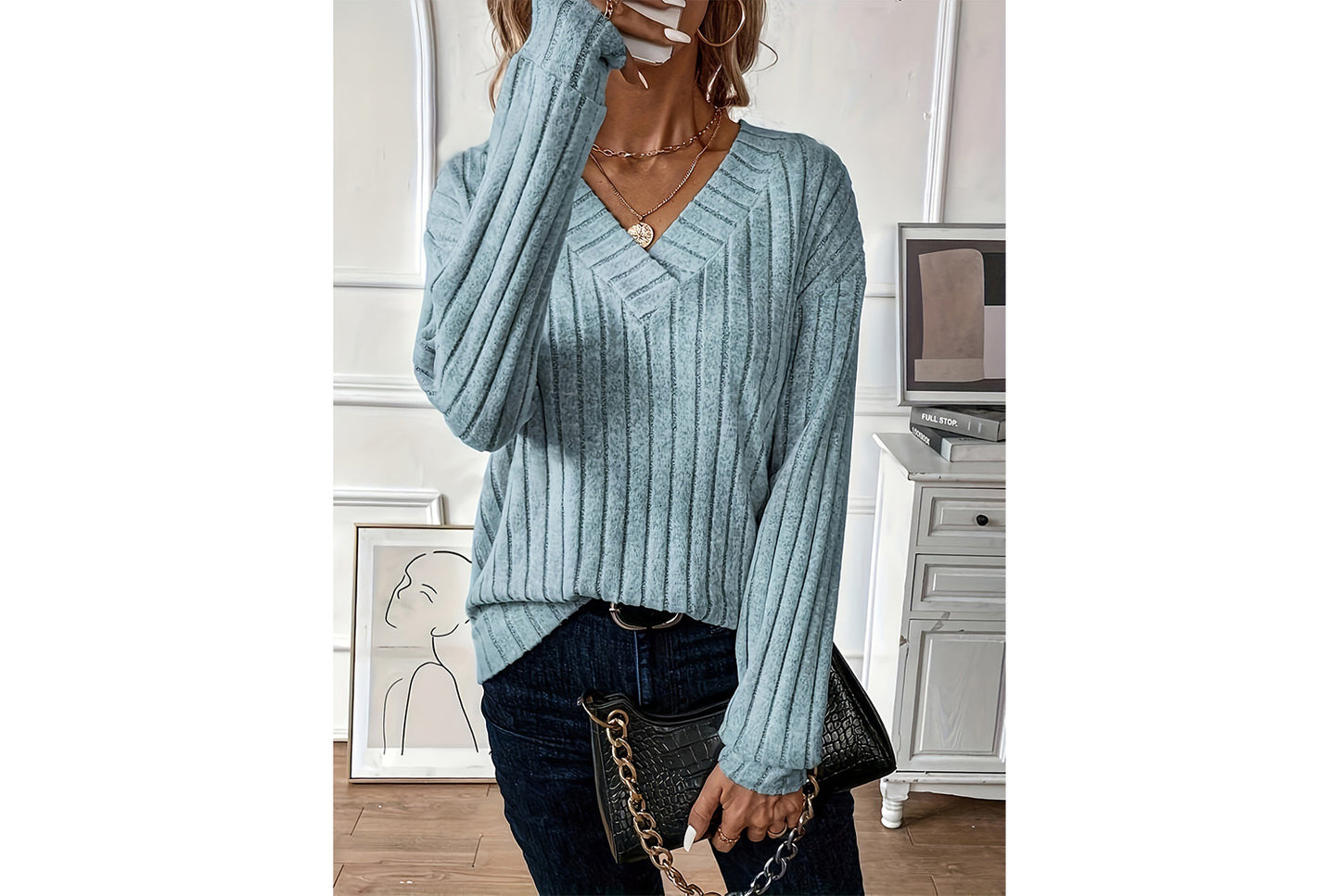 V-Neck Ribbed Long-Sleeve Top