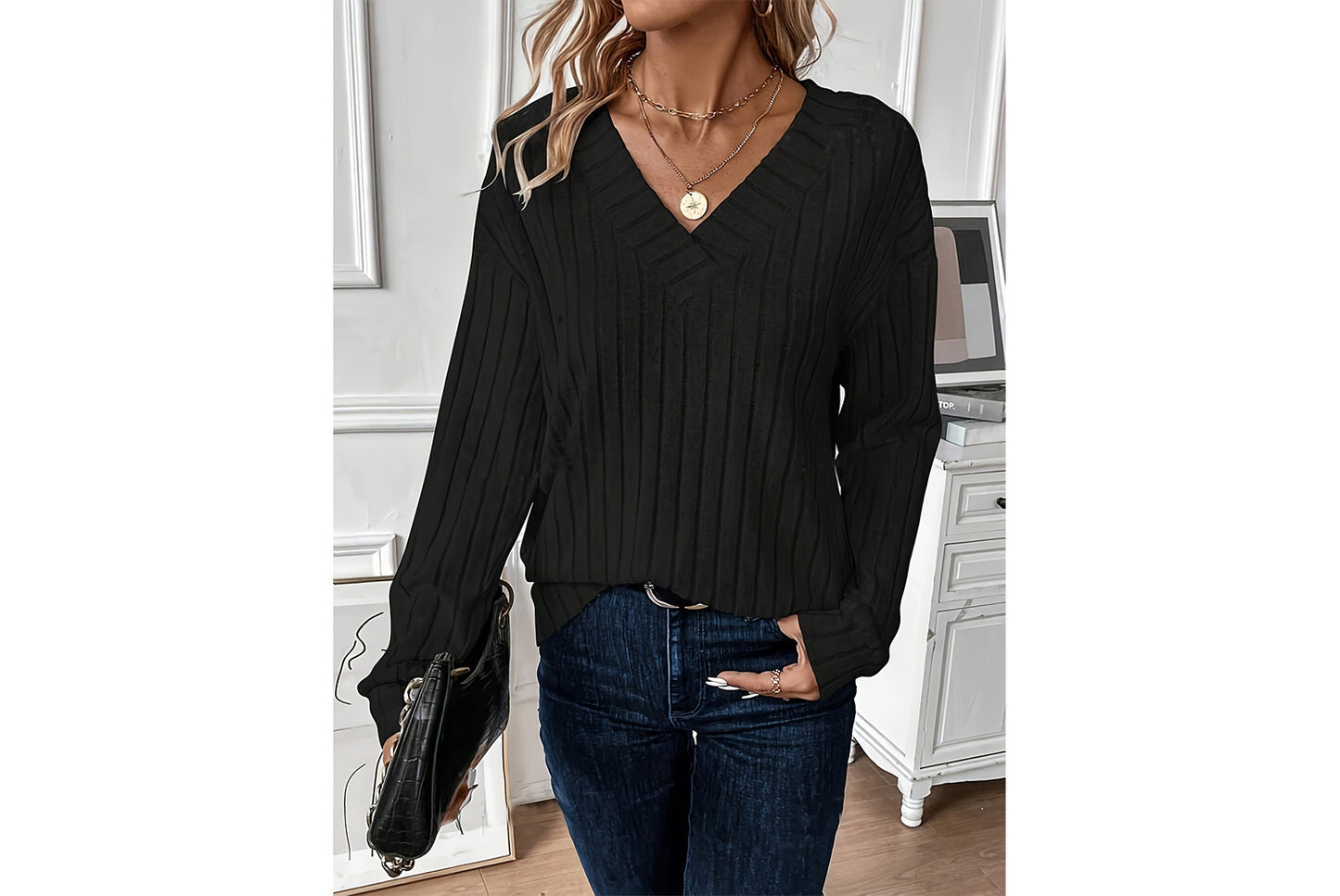 V-Neck Ribbed Long-Sleeve Top