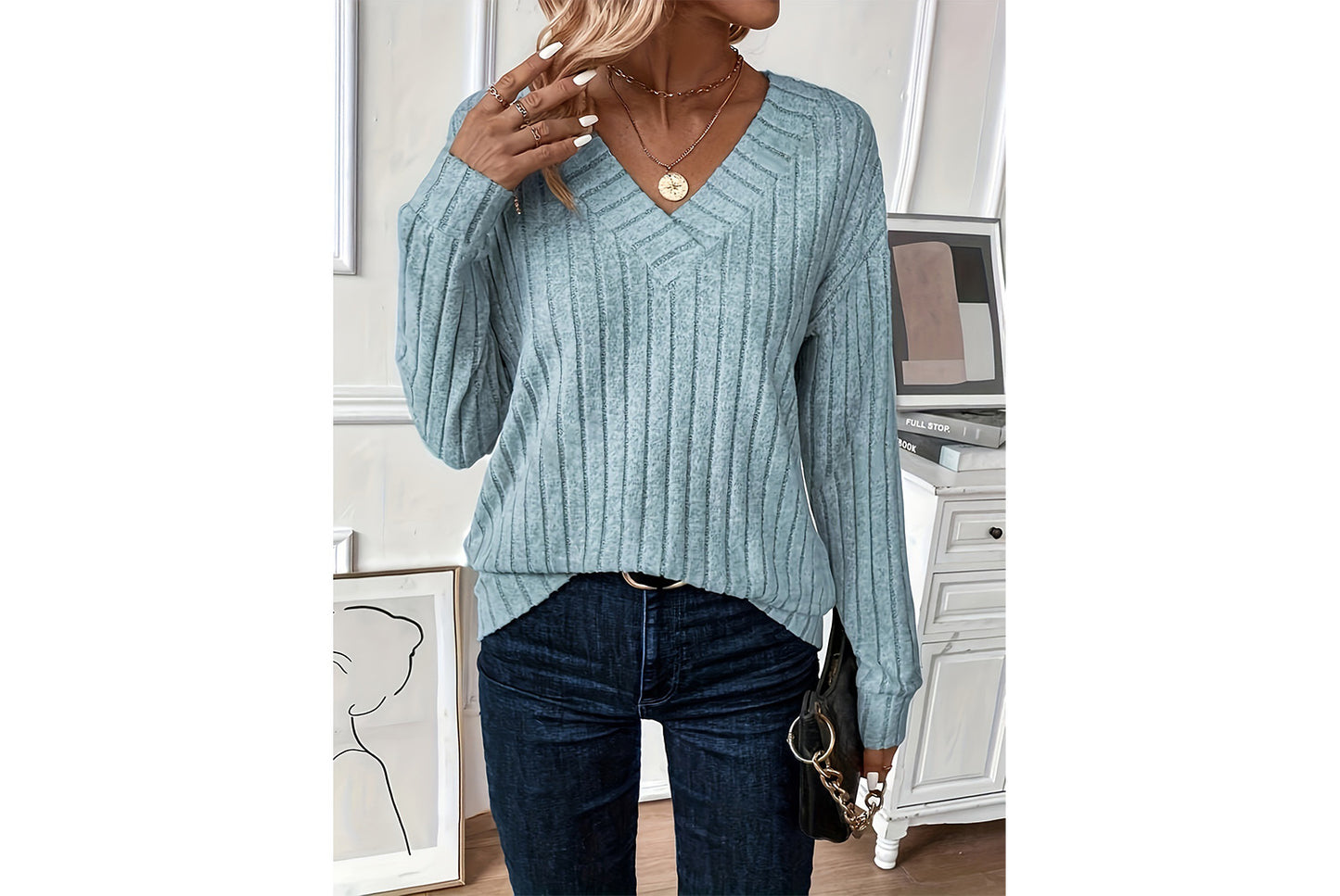 V-Neck Ribbed Long-Sleeve Top