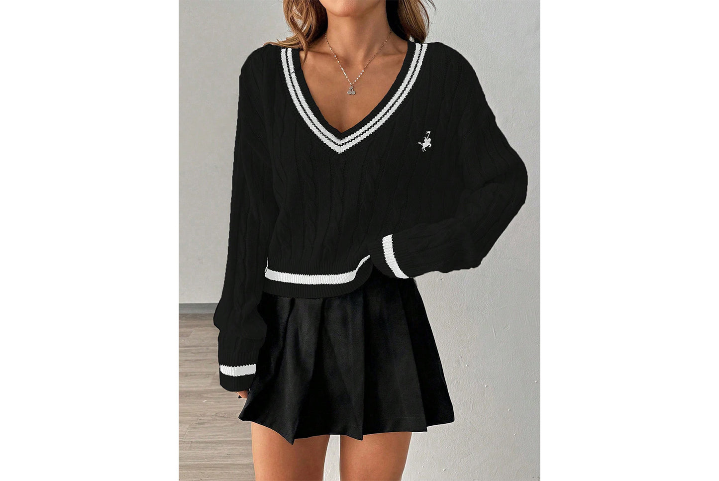 V-Neck Color-Blocked Cable Knit Sweater