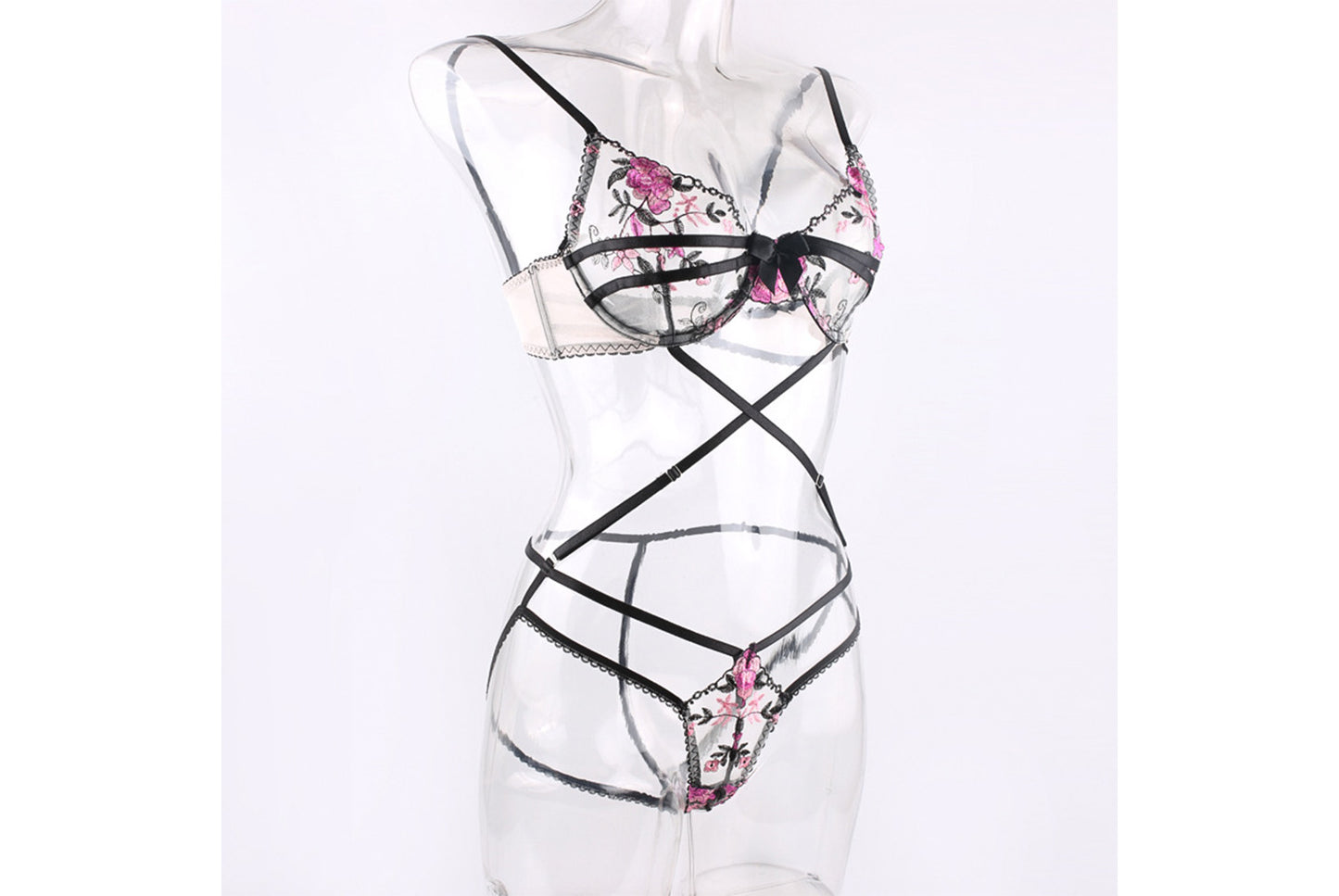 **Floral Embroidered Bandage Lingerie Set**