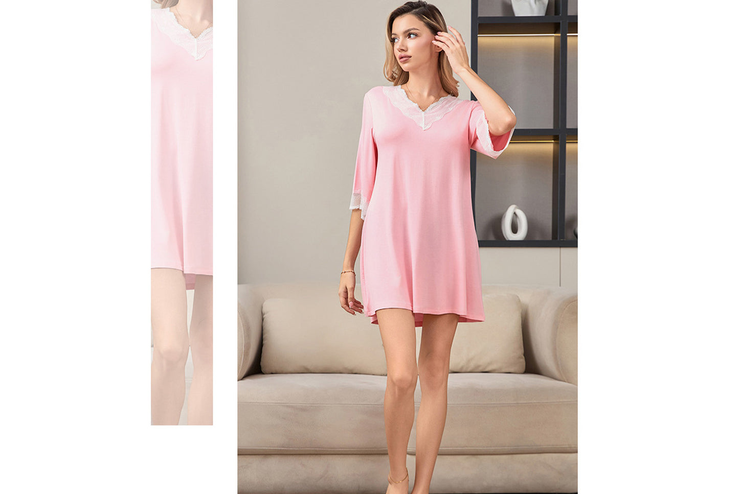 **Lace-Panel Sexy V-Neck Pure Modal Cotton Loungewear**