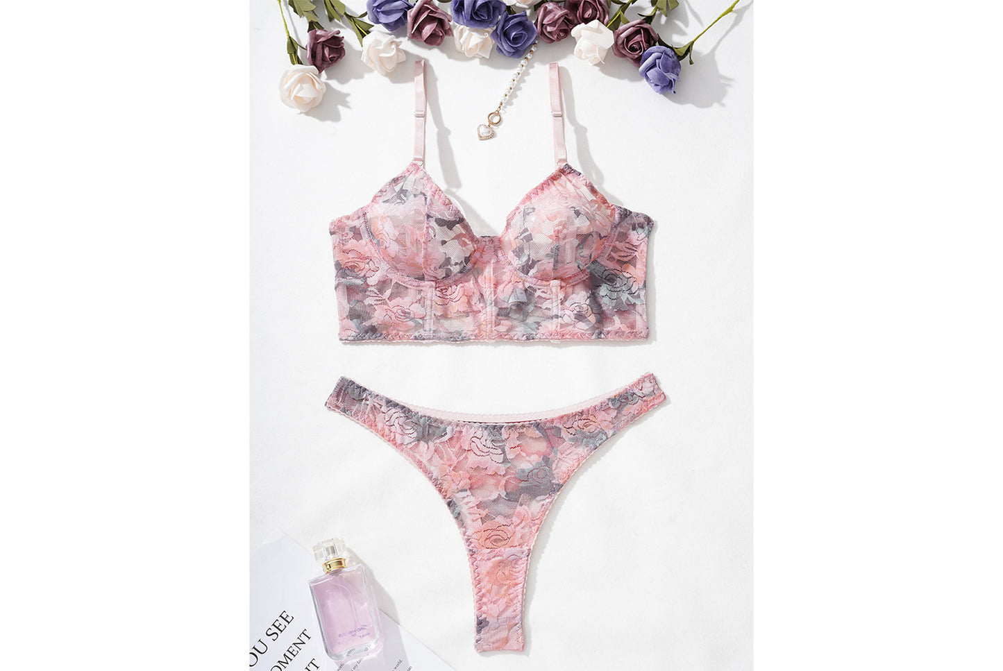 **Lace Floral Fishbone Bra Set - Sexy Sheer Two-Piece Bra**