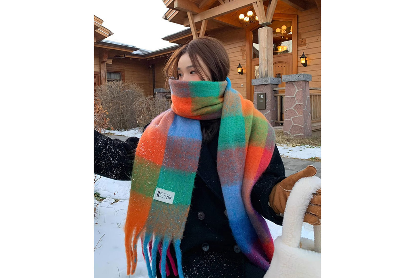 **Rainbow Color-Blocked Checkered Thick Scarf**