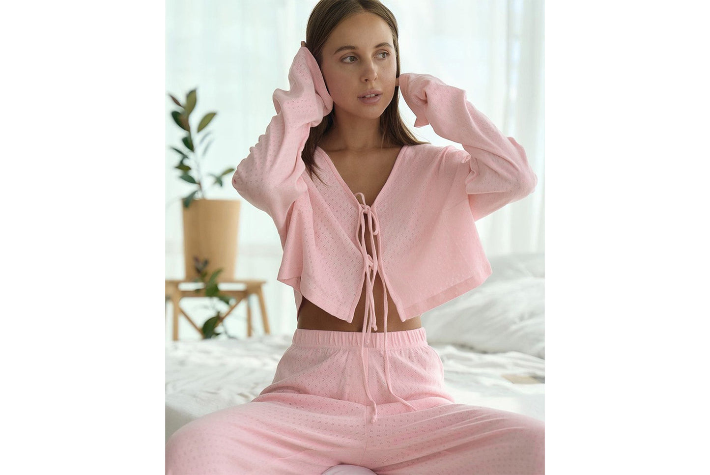 **Breathable Cardigan Pajama Two-Piece Set with Long Sleeves and Pants**