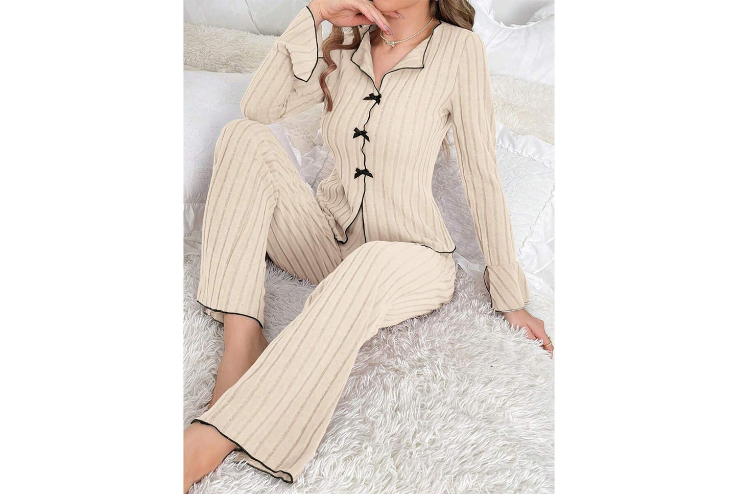 **Bow Tie Lapel Long-Sleeved Pajama Set + Two-Piece Pants for Women**