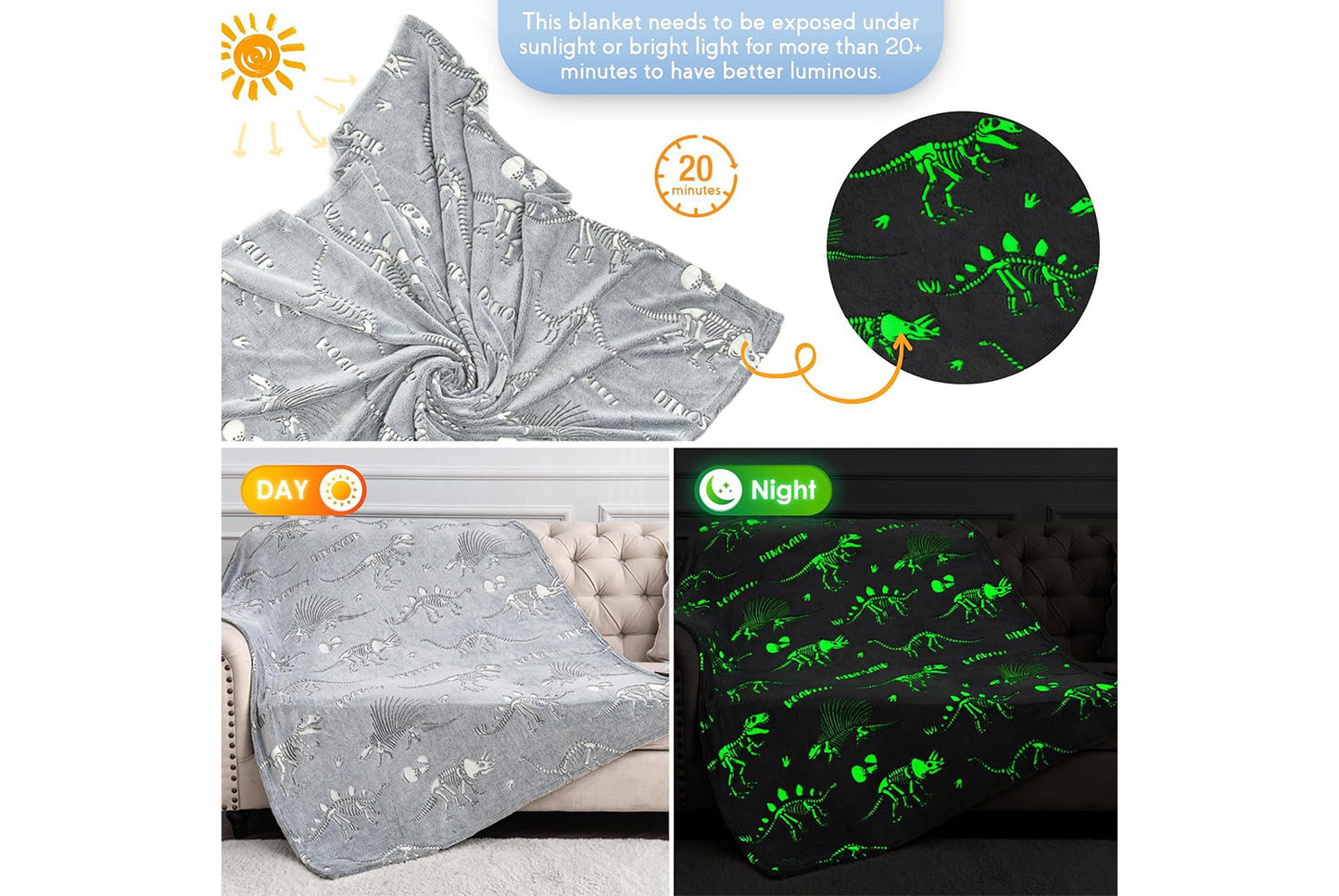 **Glow-in-the-Dark Flannel Blanket (Unicorn/Dinosaur/Butterfly Pattern)**