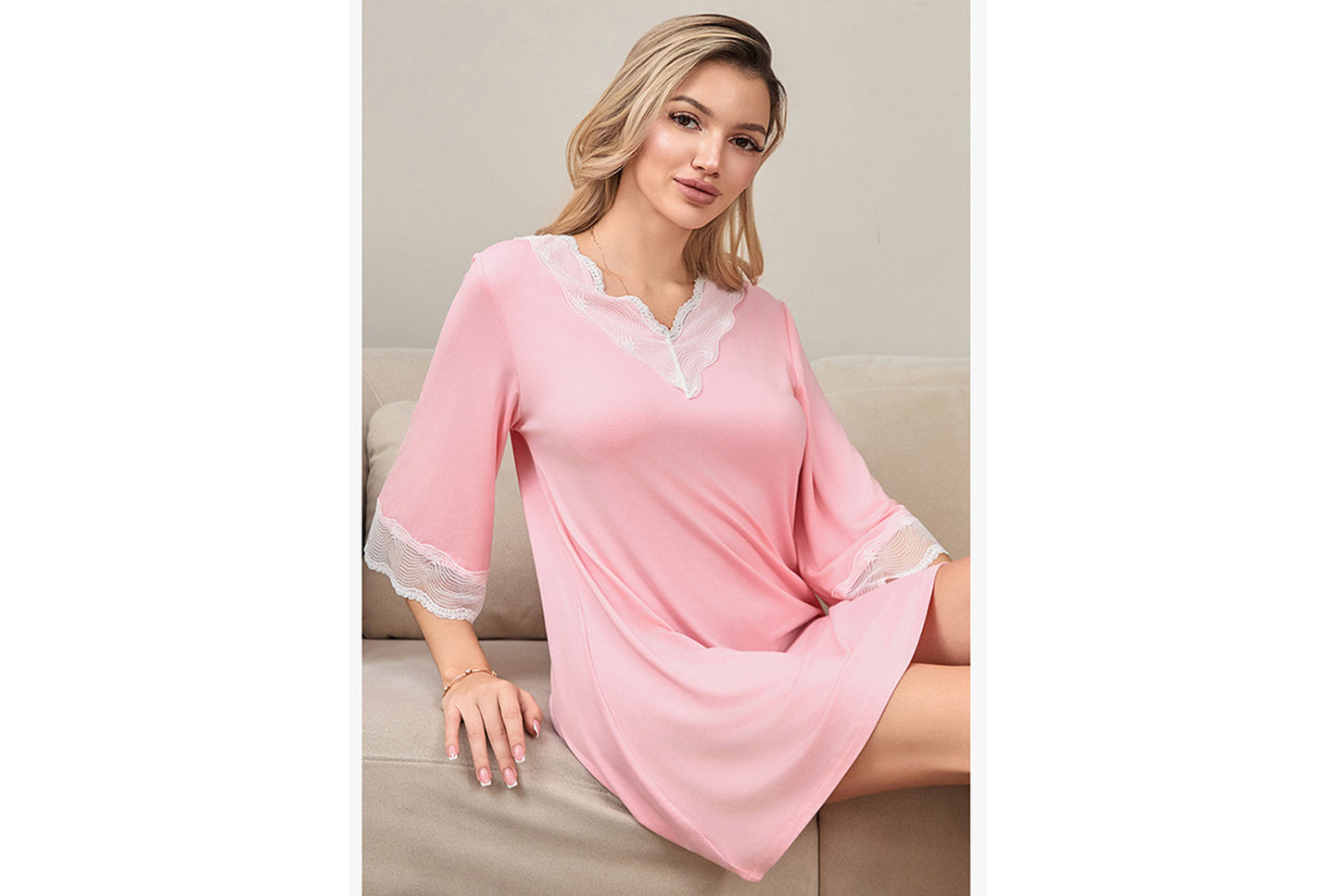 **Lace-Panel Sexy V-Neck Pure Modal Cotton Loungewear**