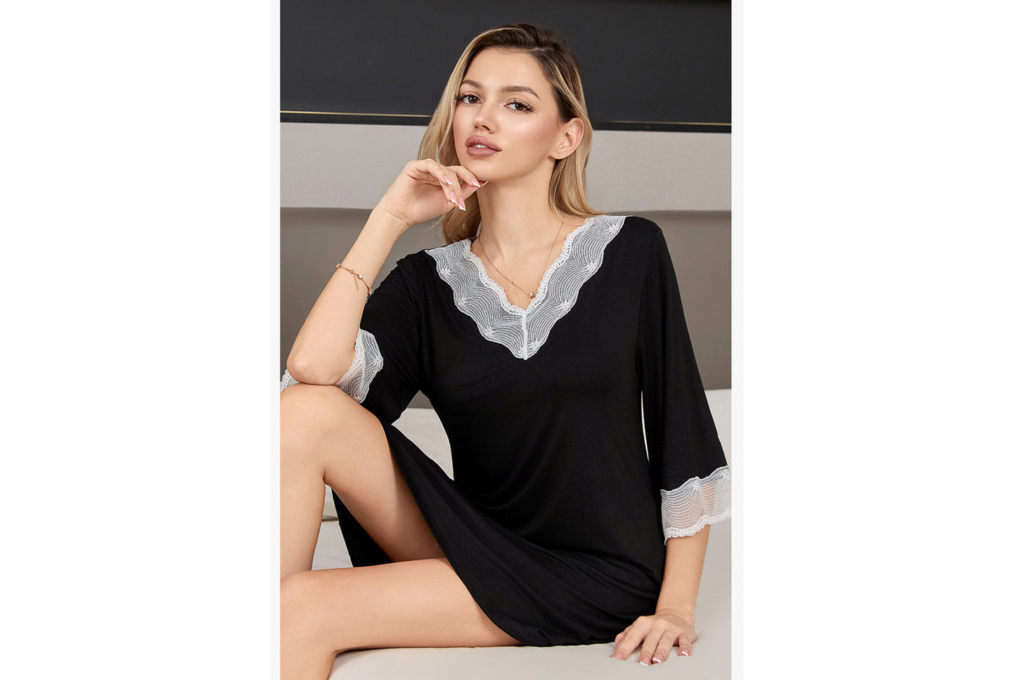 **Lace-Panel Sexy V-Neck Pure Modal Cotton Loungewear**