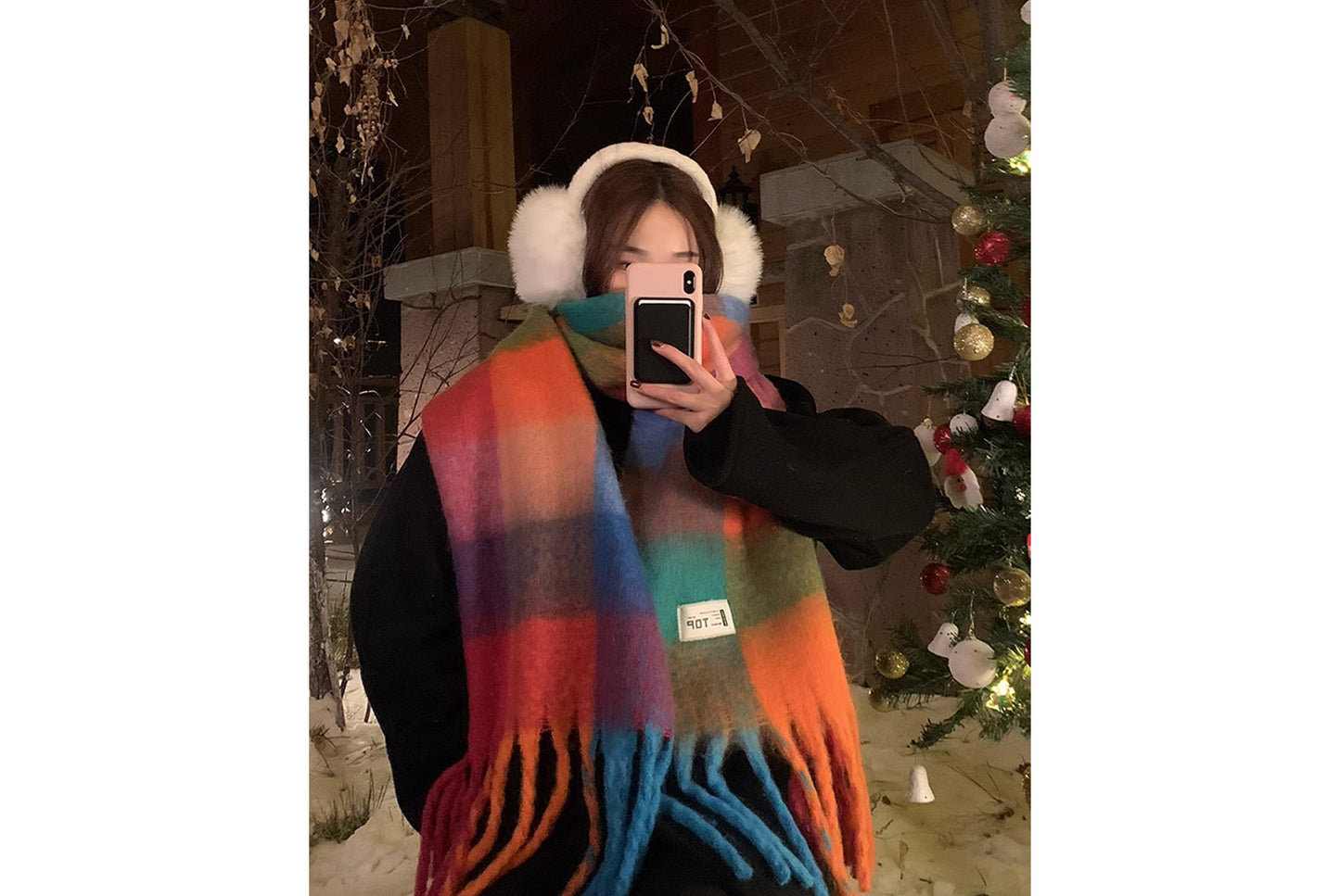 **Rainbow Color-Blocked Checkered Thick Scarf**