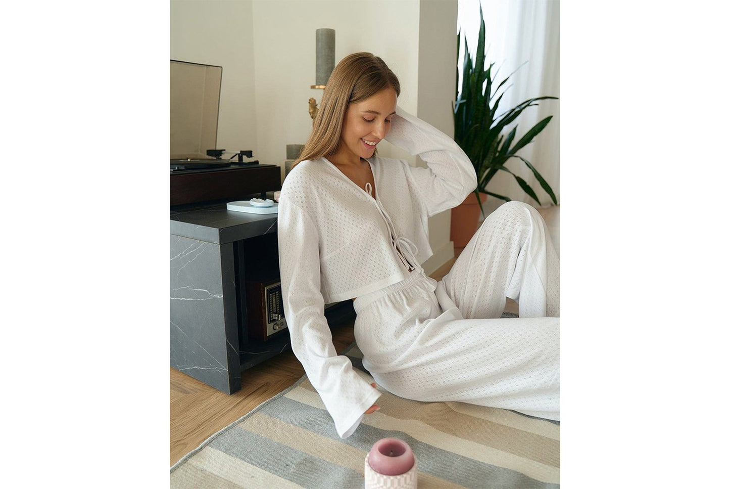 **Breathable Cardigan Pajama Two-Piece Set with Long Sleeves and Pants**